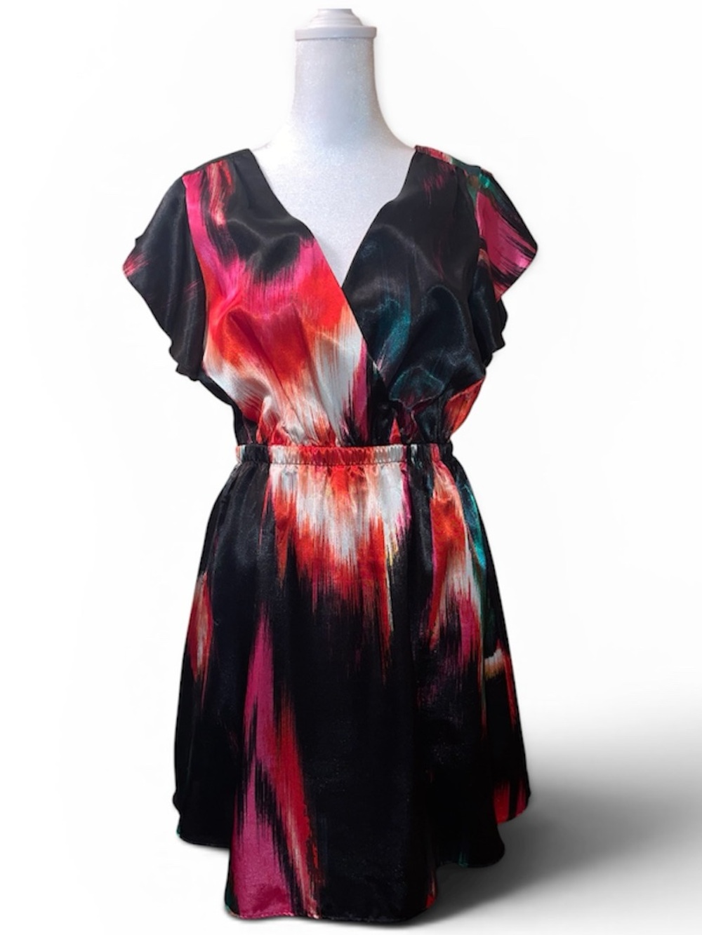 Charlotte Russe Black Multicolor Satin V-Neck Fit and Flare Party Dress Sz M